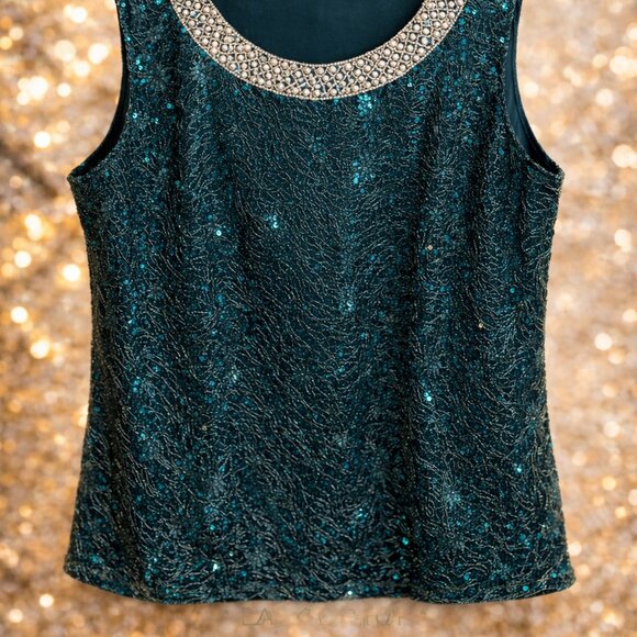 NY Collection Women's Sleeveless Sequined Tank Top – (Emerald/Teal color) XXL - Picture 3 of 9